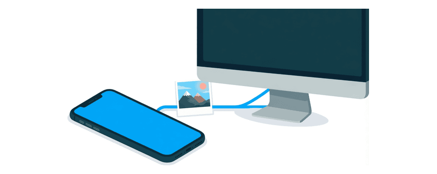 Illustration: a smartphone and a desktop monitor side by side, joined by a bright blue line carrying a small picture card of a mountain and sun