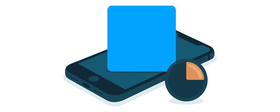 Illustration: a smartphone with one bright blue square card resting on it, and a small navy dial with an amber wedge beside it