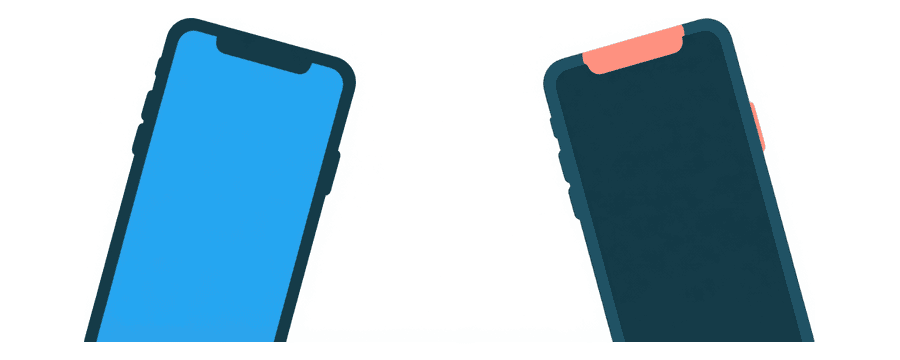 Illustration: two smartphones lying flat with their top edges facing each other and a wide empty gap between them