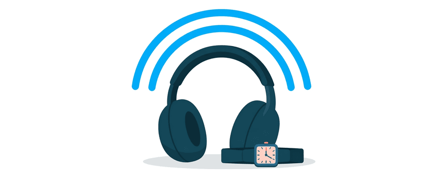 Illustration: rounded headphones and a small square watch face side by side, with three curved blue signal arcs above them