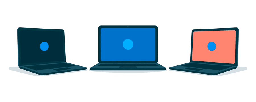 Illustration: three laptops in a row, each with its own small blue circle on screen