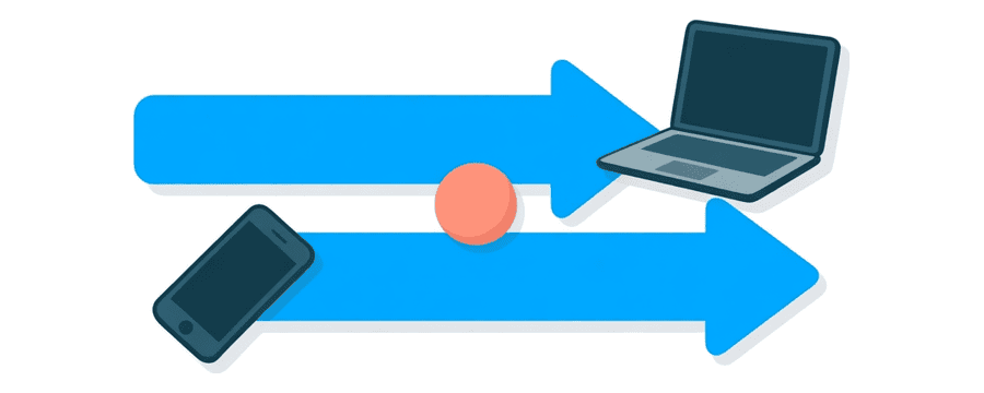 Illustration: two blue arrows side by side, one ending at a laptop and one at a smartphone