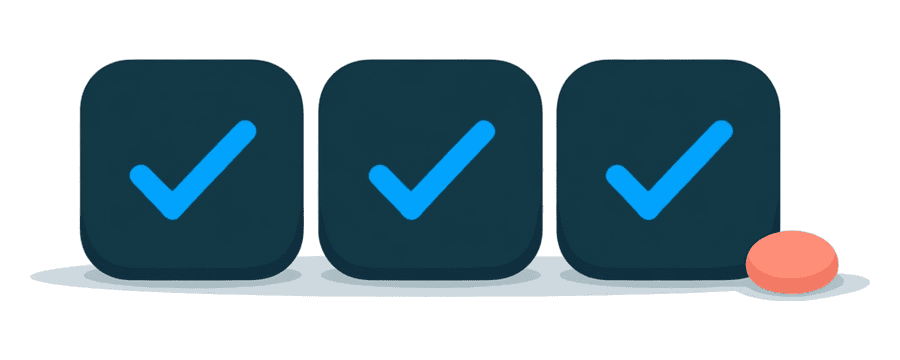 Illustration: three navy squares in a row, each carrying a blue tick, with a coral dot beside them