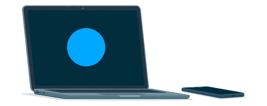 Illustration: a laptop showing its own blue camera circle, with a smartphone lying far away