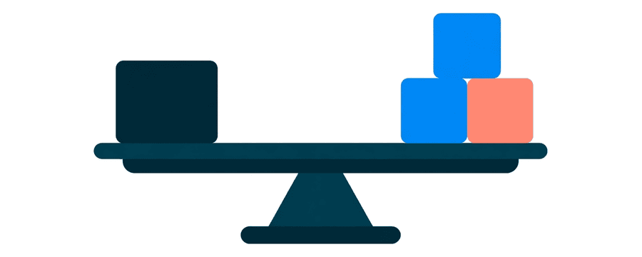 Illustration: a balance scale with one navy square on the left pan and three squares on the right