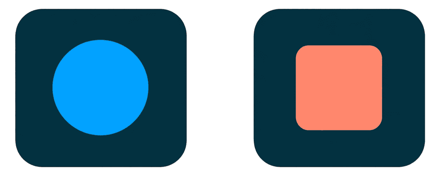 Illustration: two navy rounded rectangles, one marked with a blue circle and one with a coral square
