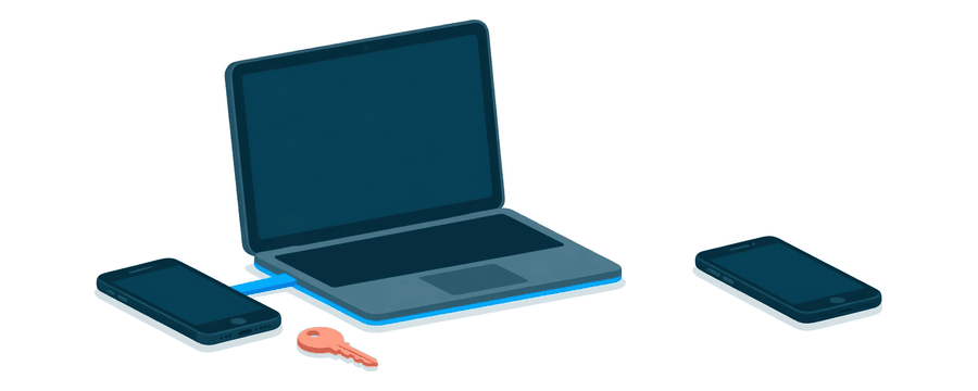 Illustration: a smartphone linked to a laptop beside a coral key, with a second smartphone far away