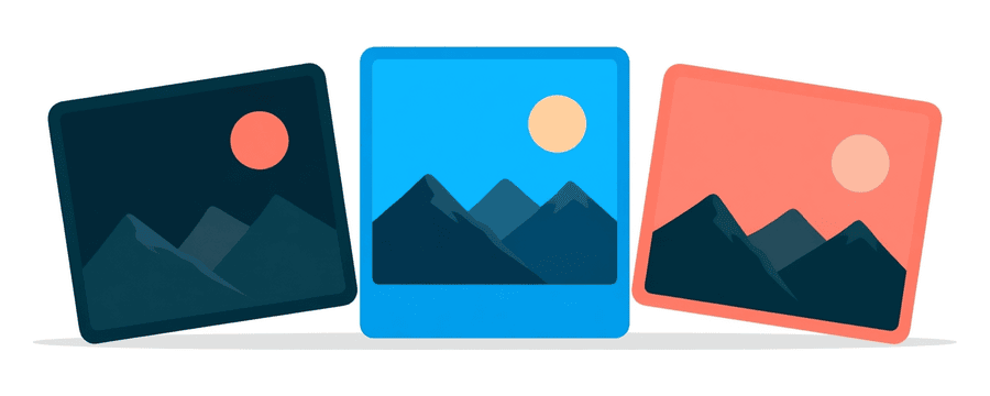 Illustration: three identical picture cards lying flat in a row, each showing a simple mountain and sun landscape