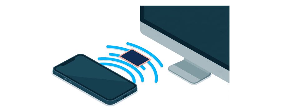 Illustration: a smartphone and a desktop monitor with three curved blue signal arcs between them, a small picture card resting on the middle arc