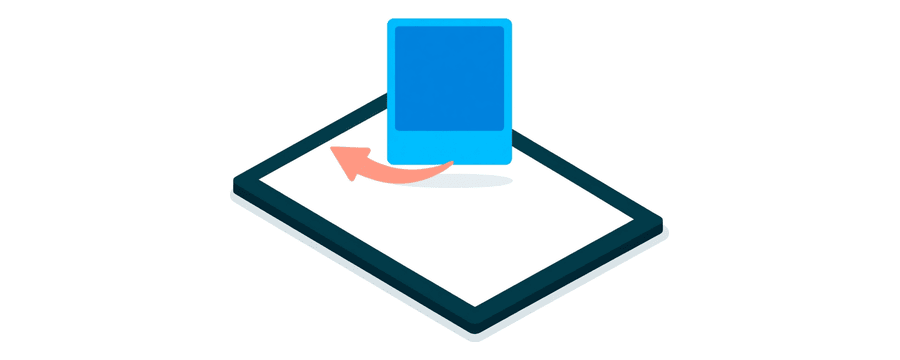 Illustration: a plain document page with a navy border, a small blue picture card descending into its upper half along a short coral arrow
