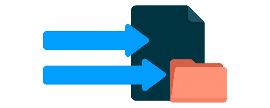 Illustration: two straight blue arrows side by side pointing right, the short upper one ending at a navy document page and the long lower one at a coral folder