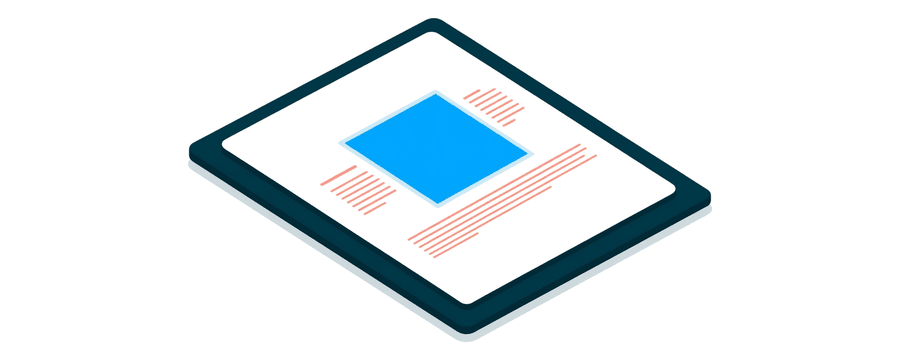 Illustration: a document page with a navy border and a blue picture card in the middle, with short coral text lines wrapping around it on three sides