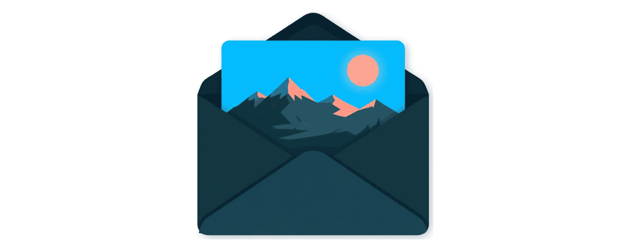 Illustration: an open navy envelope lying flat, holding a blue picture card that shows a simple mountain and sun landscape