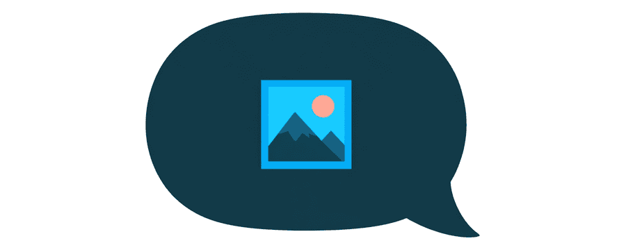 Illustration: a rounded speech bubble with a navy outline, holding a small blue picture card showing a simple mountain and sun landscape
