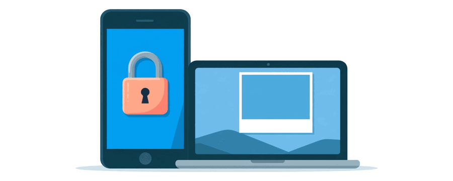 Illustration: a phone with a padlock on its photo gallery beside a laptop showing an empty picture frame