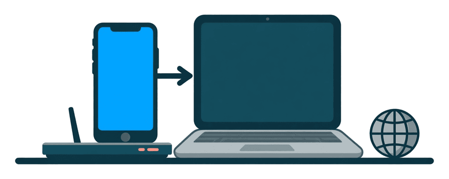 Illustration: a phone sending a photo straight to a laptop beside a home router, with a globe icon set apart