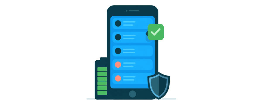 Illustration: a phone list of apps with one row gaining a check mark, beside a battery icon with a shield