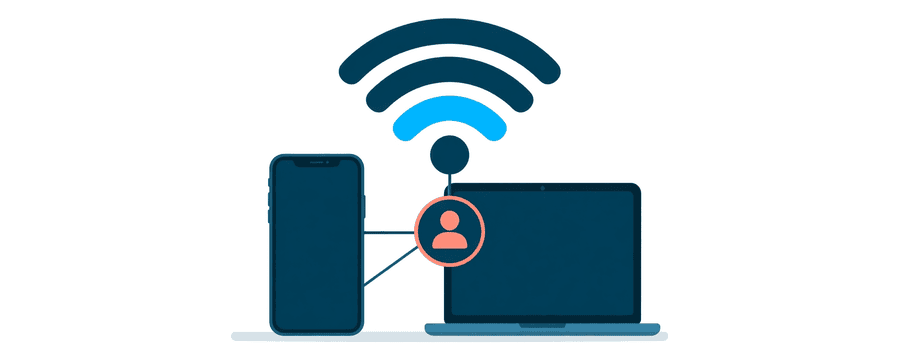 Illustration: a phone and a laptop under one Wi-Fi symbol, both linked to a single account badge