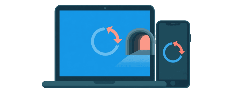 Illustration: a laptop and a phone with an update arrow over each, and a switched off tunnel between them
