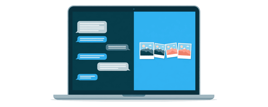 Illustration: a laptop screen with chat bubbles on one half and a short row of landscape photo thumbnails on the other