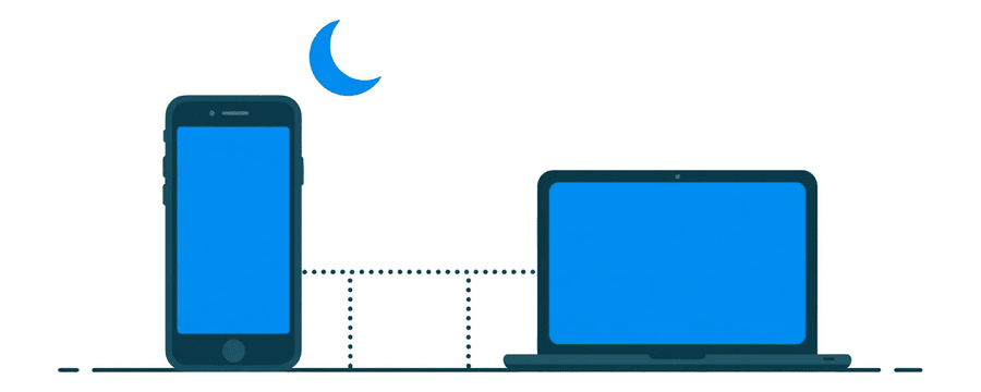 Illustration: a phone under a crescent moon with a broken dotted line running to a laptop