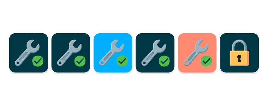 Illustration: six tiles in a row, five with a wrench and check mark and one with a padlock