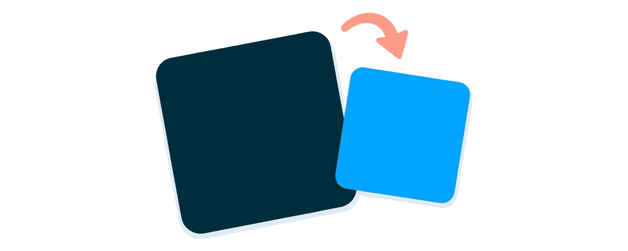 Illustration: a large navy square picture card beside a much smaller blue one, with a short coral arrow pointing from the large card to the small card