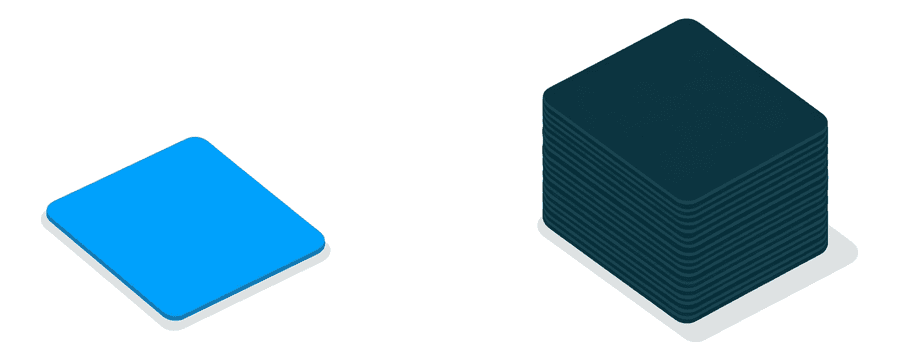 Illustration: one small blue square picture card on the left and a tall neat stack of navy square cards on the right, with a wide empty gap between them