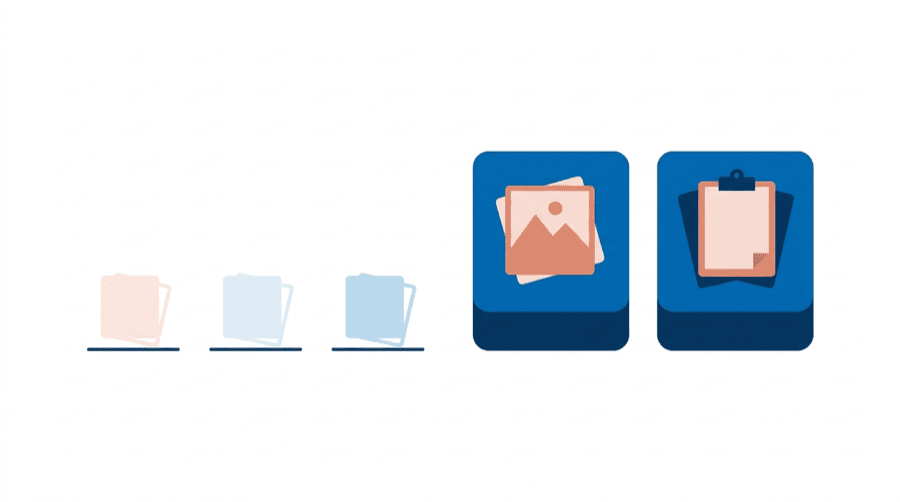 Illustration: five tiles in a row, the two on the right large and heavy on thick bases, the three on the left small and light