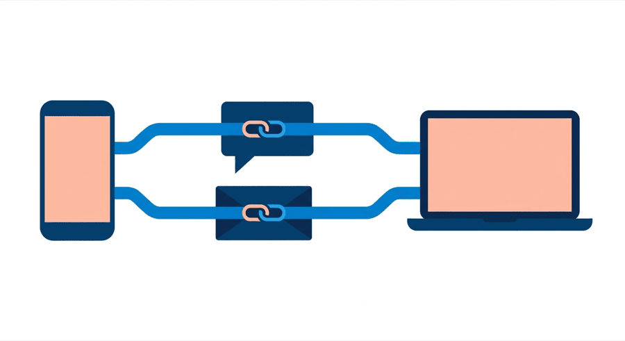 Illustration: two paths between a phone and a laptop, one through a speech bubble and one through an envelope, each carrying a chain link