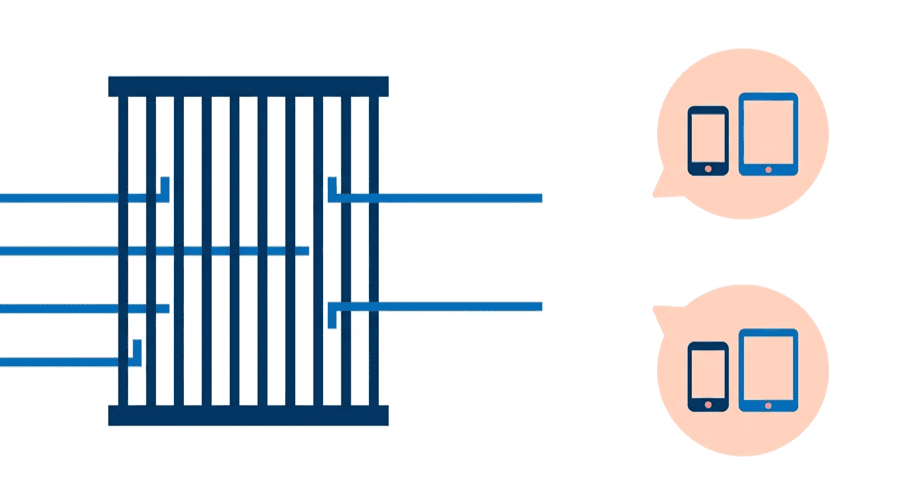Illustration: a barrier of bars stopping lines on the left, and two separate bubbles each holding their own device pair on the right