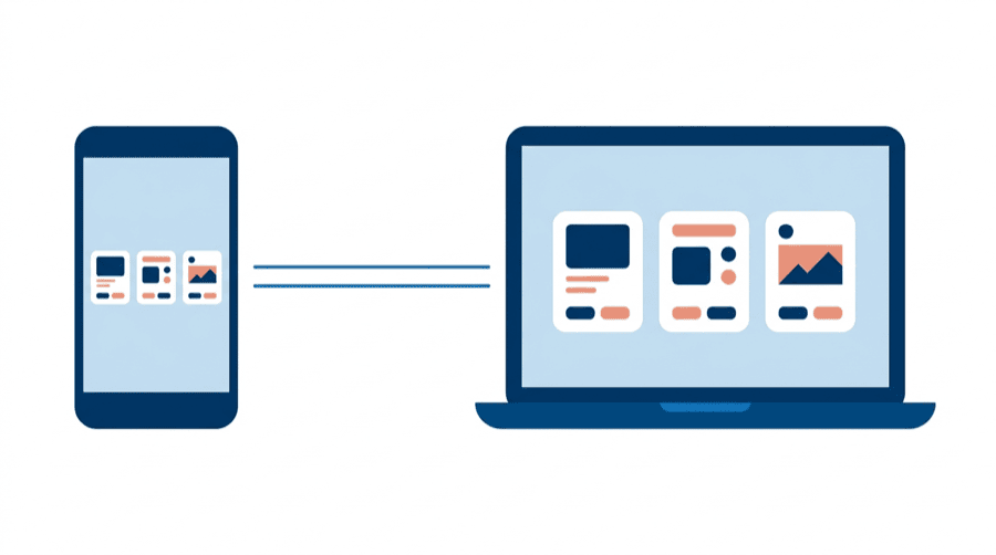 Illustration: a phone showing three small cards, reproduced larger on a laptop screen beside it