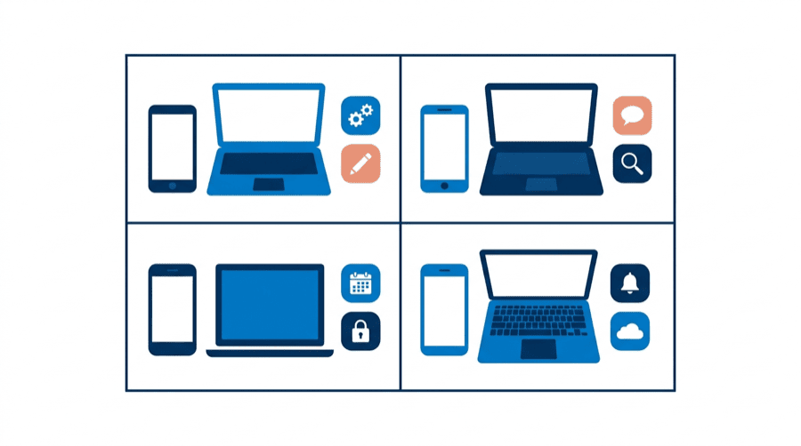 Illustration: a two by two grid of device pairings, each cell holding a different pair of small tool tiles