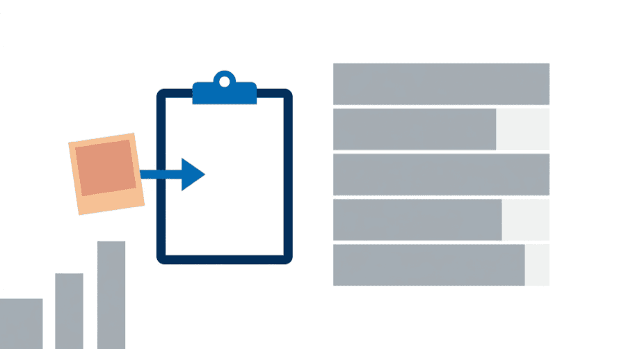 Illustration: a photo tile travelling onto a clipboard on the left, beside a tall panel of five plain comparison bars on the right