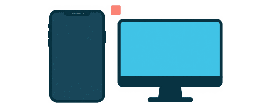 Illustration: a phone beside a computer monitor with a small coral square floating between them