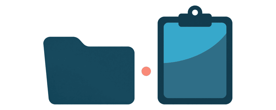 Illustration: a folder on the left and a clipboard on the right with a small coral dot between them