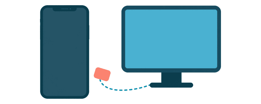Illustration: a coral card travelling along a blue dotted line from a phone to a computer monitor