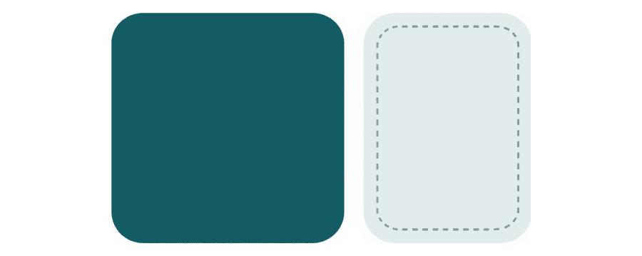 Illustration: two rounded rectangles side by side, one navy and solid, one pale grey and dashed