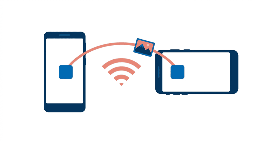 Illustration: two differently shaped phones each carrying the same app badge, joined directly by one arc