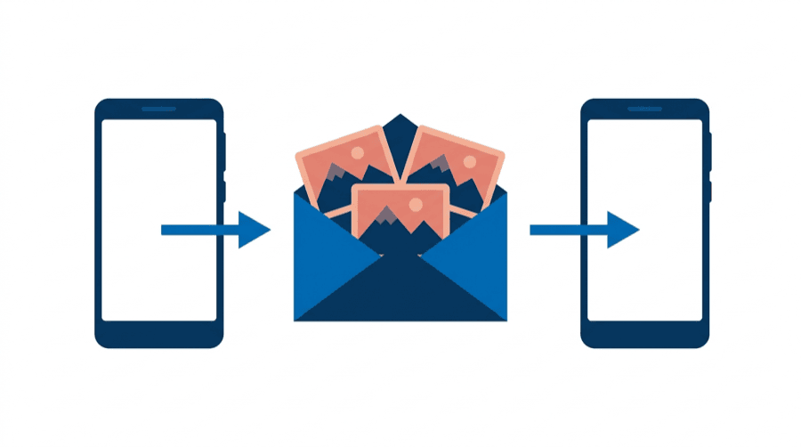 Illustration: an open envelope holding three full-size photo tiles between two phones