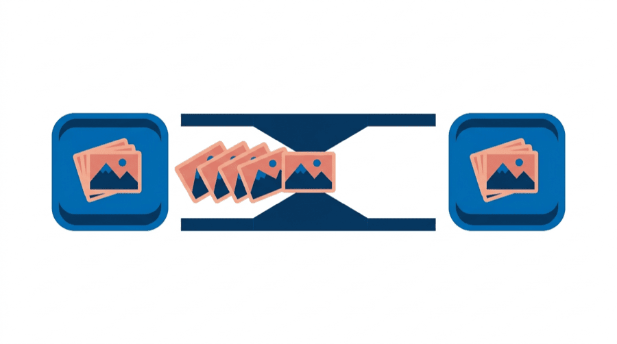 Illustration: two trays each keeping a copy of the same photo, with a queue of tiles bunching at a narrow pinch point