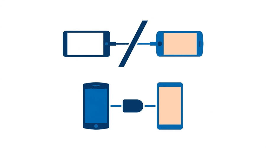 Illustration: a cable between two phones crossed out, and the same phones joined instead through a small drive
