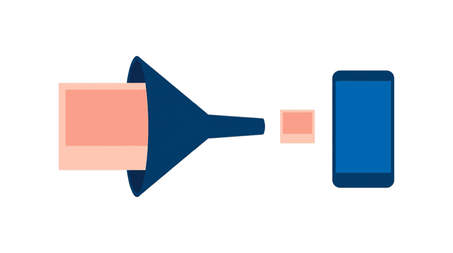 Illustration: a large photo tile entering a funnel and emerging much smaller on the way to a phone