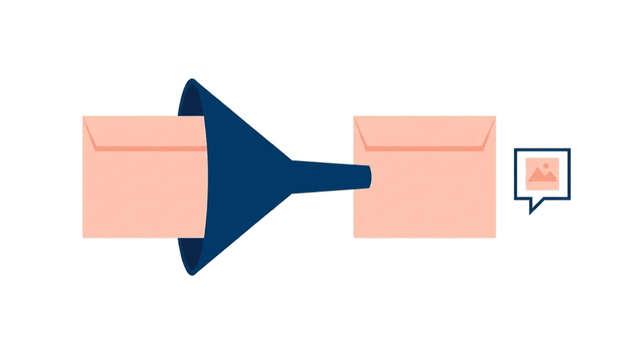 Illustration: a photo tile wrapped in a plain file passing through a funnel unchanged in size