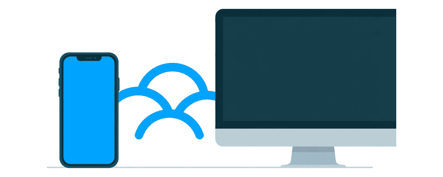 Illustration: a smartphone and a desktop monitor side by side, with three curved blue arcs in the gap between them