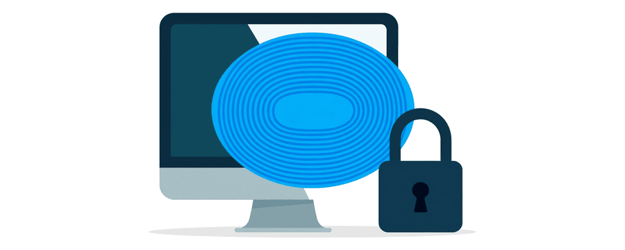 Illustration: a desktop monitor outline beside an open navy padlock, with a blue oval of concentric curved ridges between them