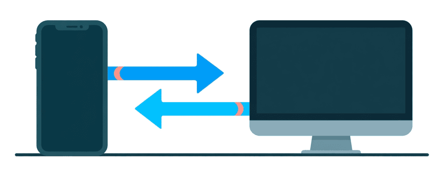 Illustration: a smartphone and a desktop monitor side by side, with one blue arrow pointing right and another pointing left between them