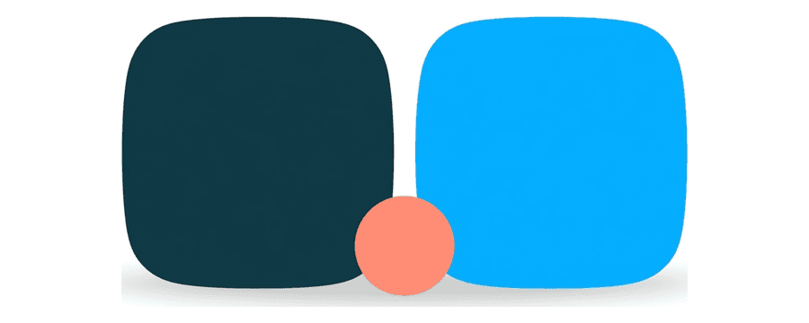 Illustration: two identical rounded app tiles side by side, one navy and one bright blue, with a small coral circle between them