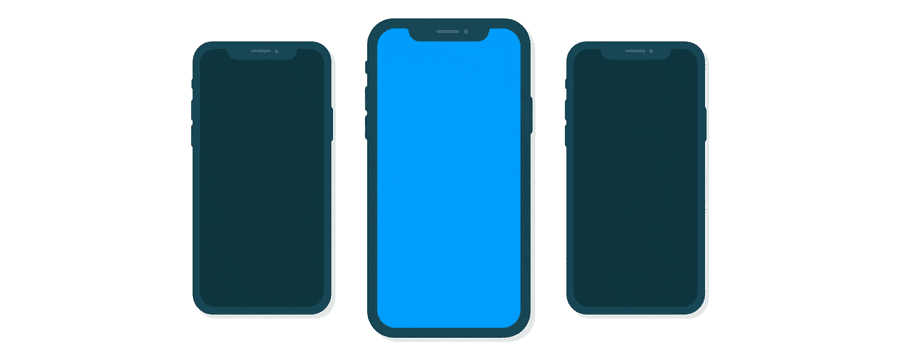 Illustration: three smartphone outlines in a row, the middle one bright blue and the other two navy, with wide empty white space around them