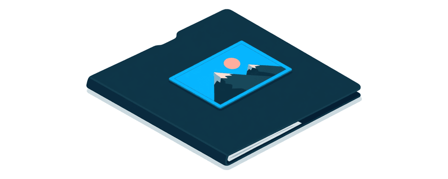 Illustration: a closed navy folder lying flat, with a small blue picture card of a mountain and sun landscape on top of it